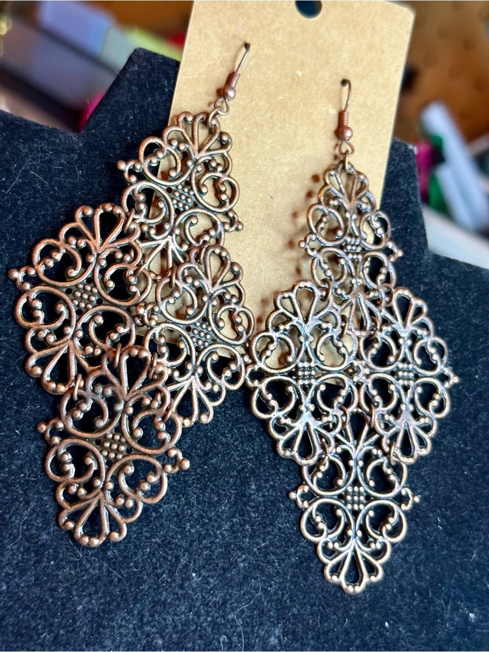 Filigree Teardrop Drop Earrings - Bronze
